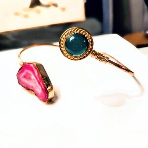 Handmade Druzy 2 Stone Green and Pink Agate Adjustable Wrap Bracelet